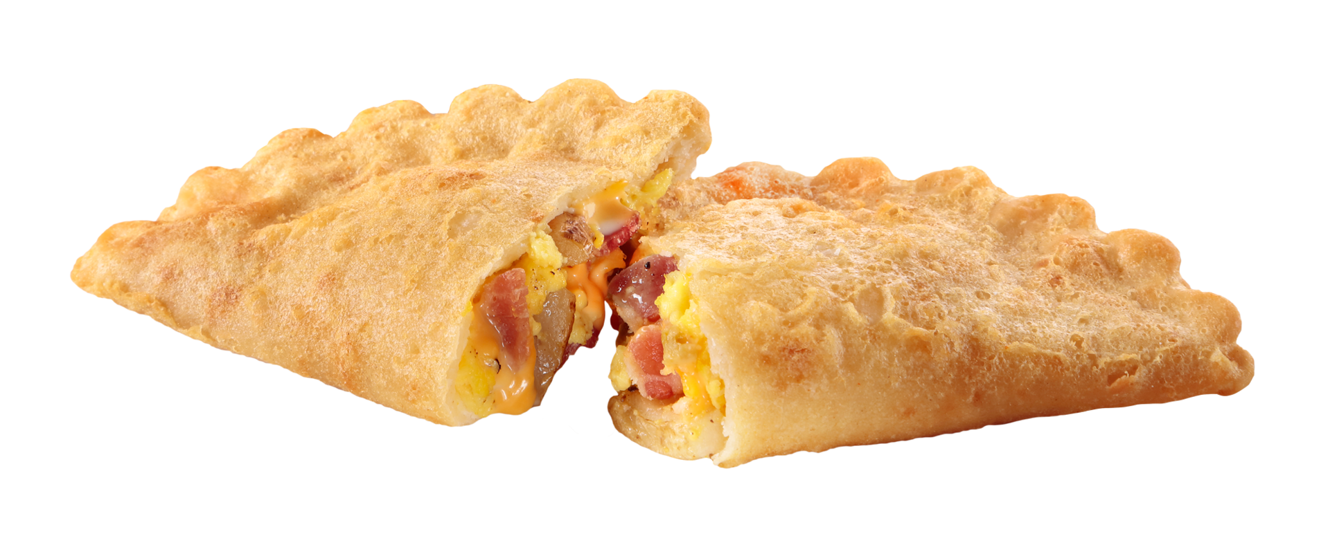 A breakfast empanada broken in half to show the bacon, egg, cheese, and potato filling