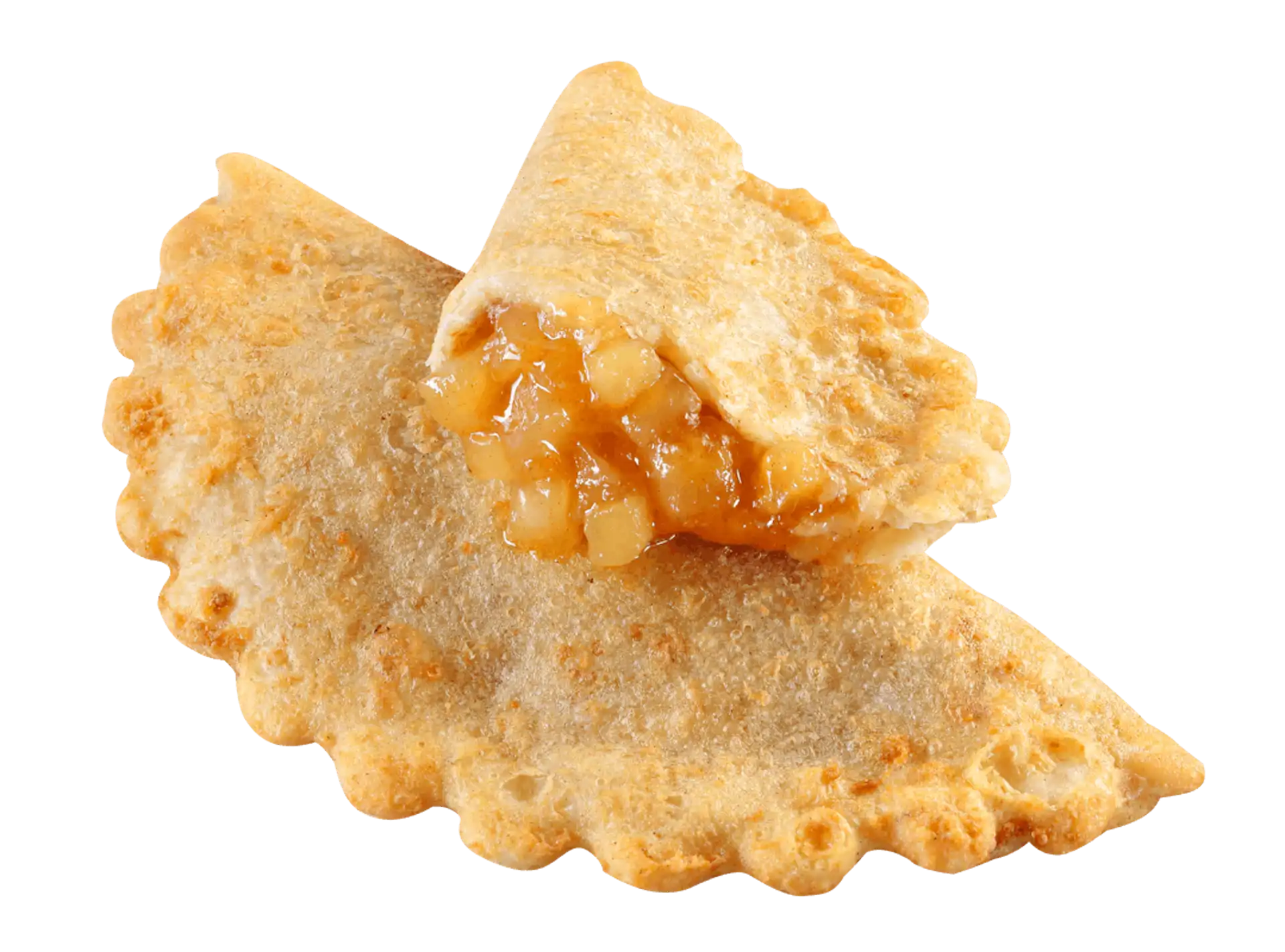 An apple pie empanada broken in half to show the filling