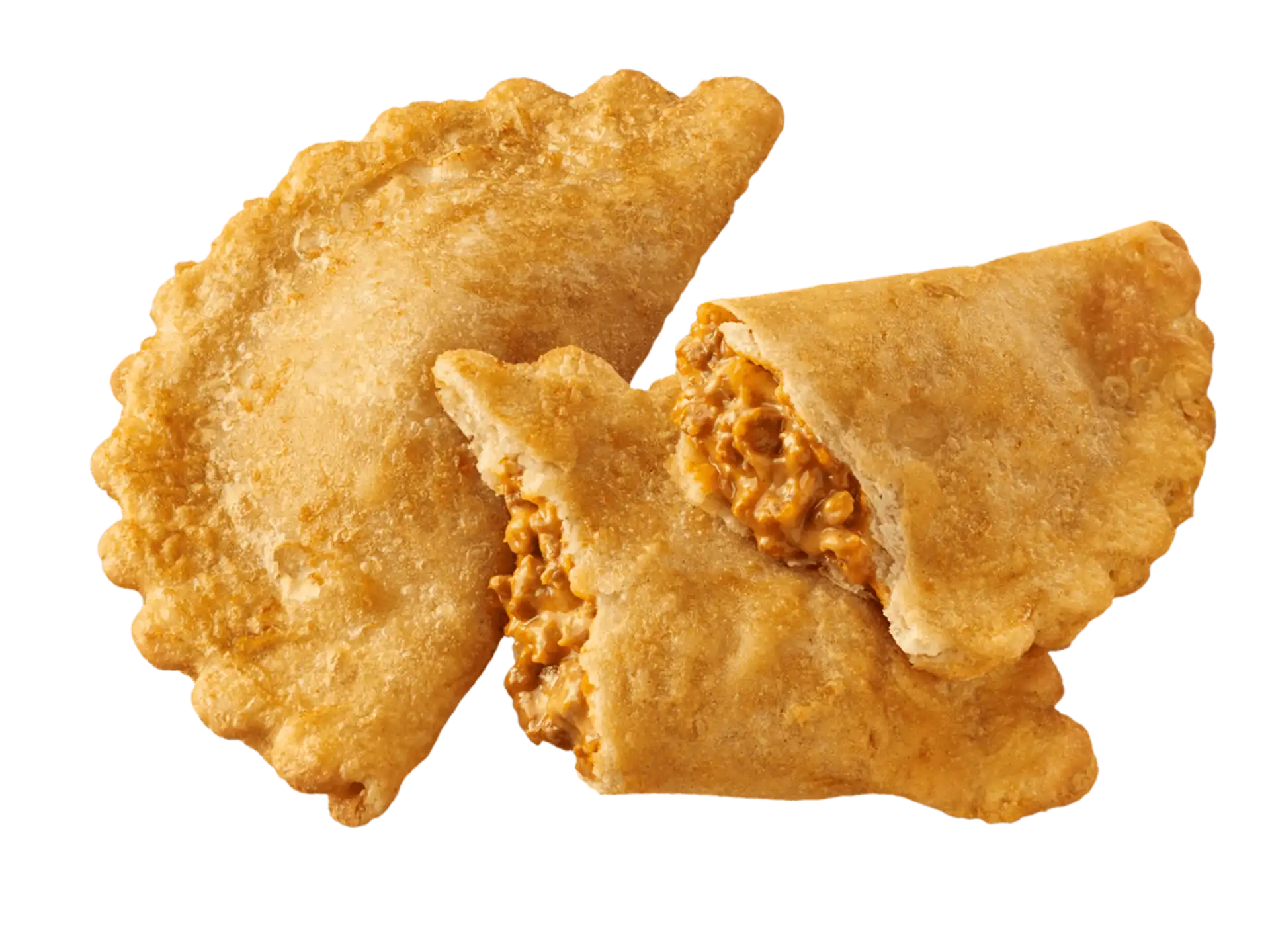A beef and cheese empanada broken in half to show the filling