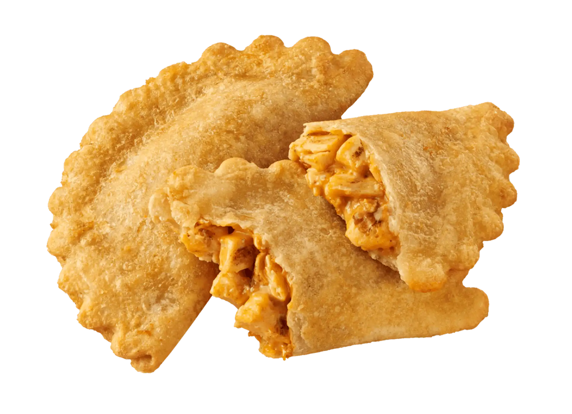 A chicken and cheese empanada broken in half to show the filling