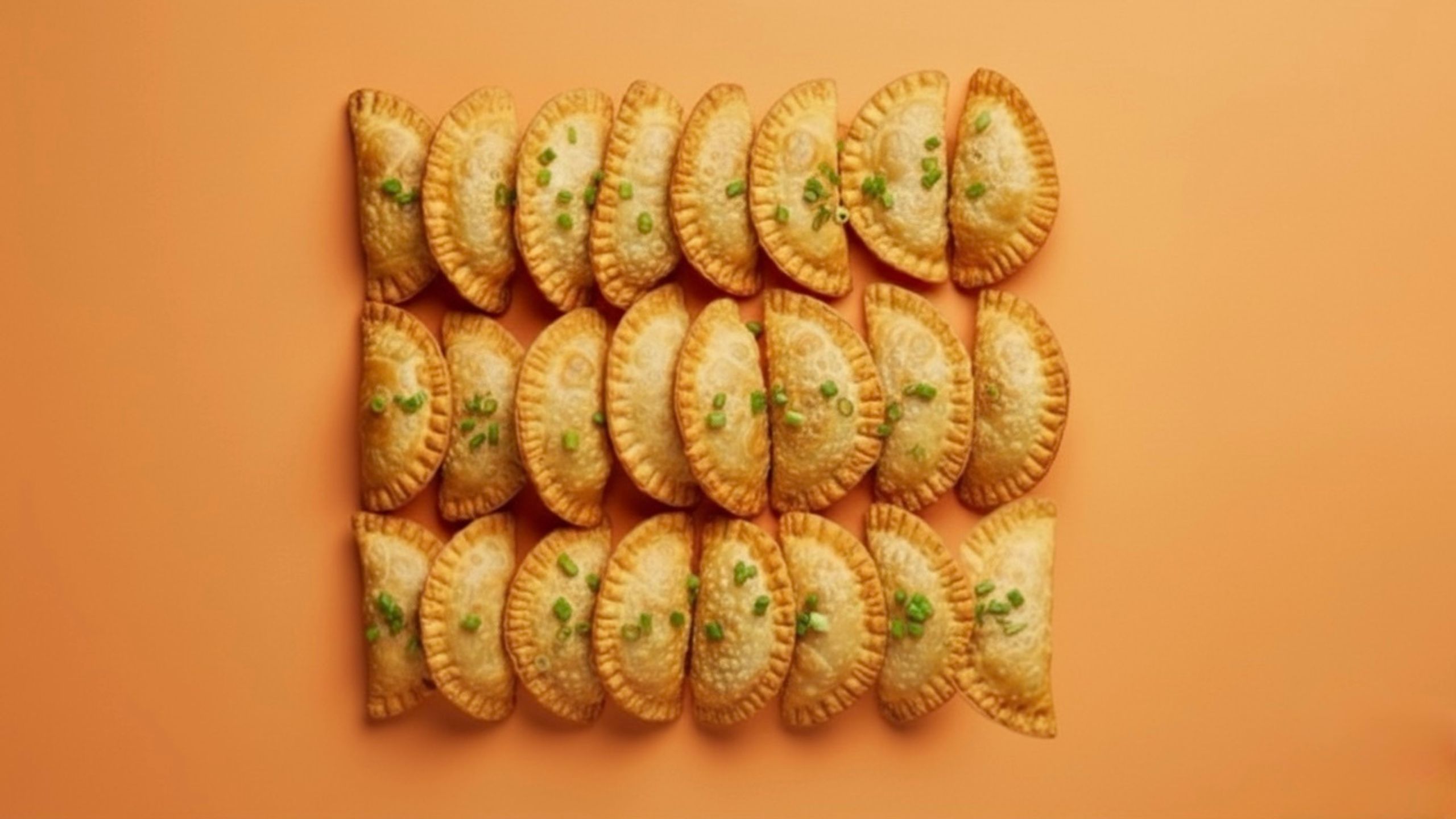 20 empanadas lined up on an orange surface